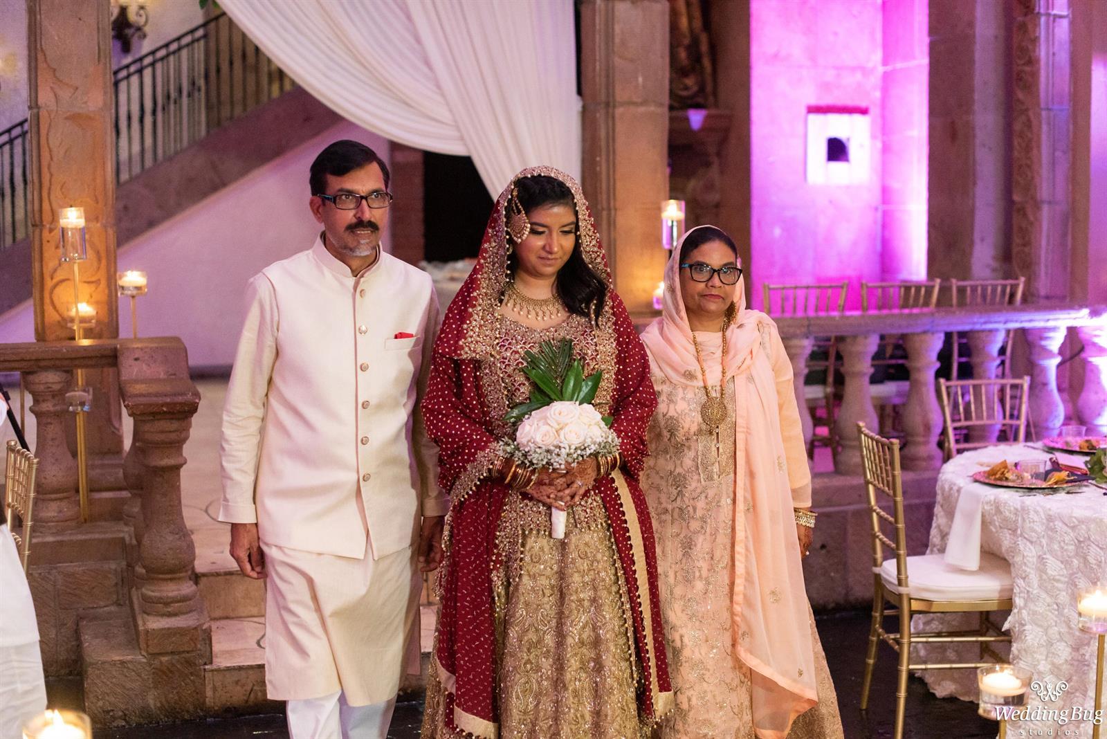 Bride and Parents enterance, Fuscia Uplights to add rosy atmosphere